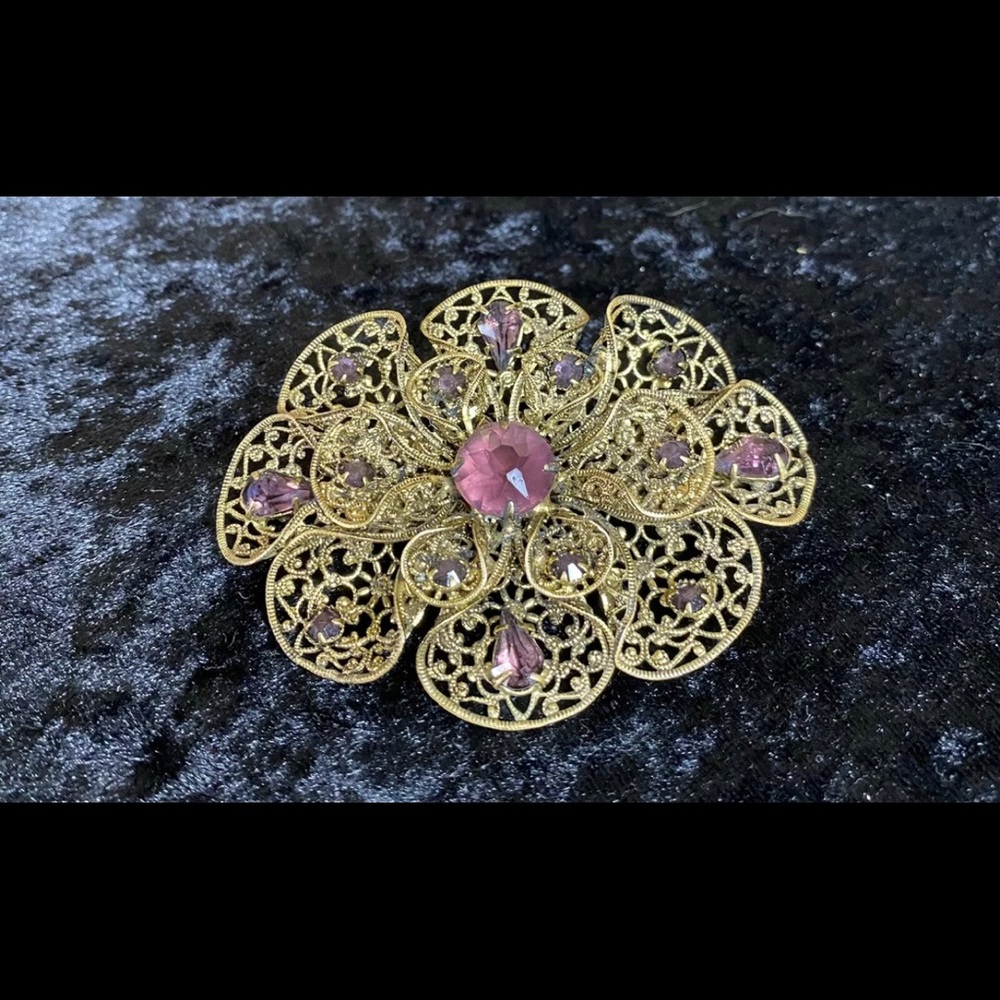 Vintage Czechoslovakia Filigree 1940s Brooch Pin Signed